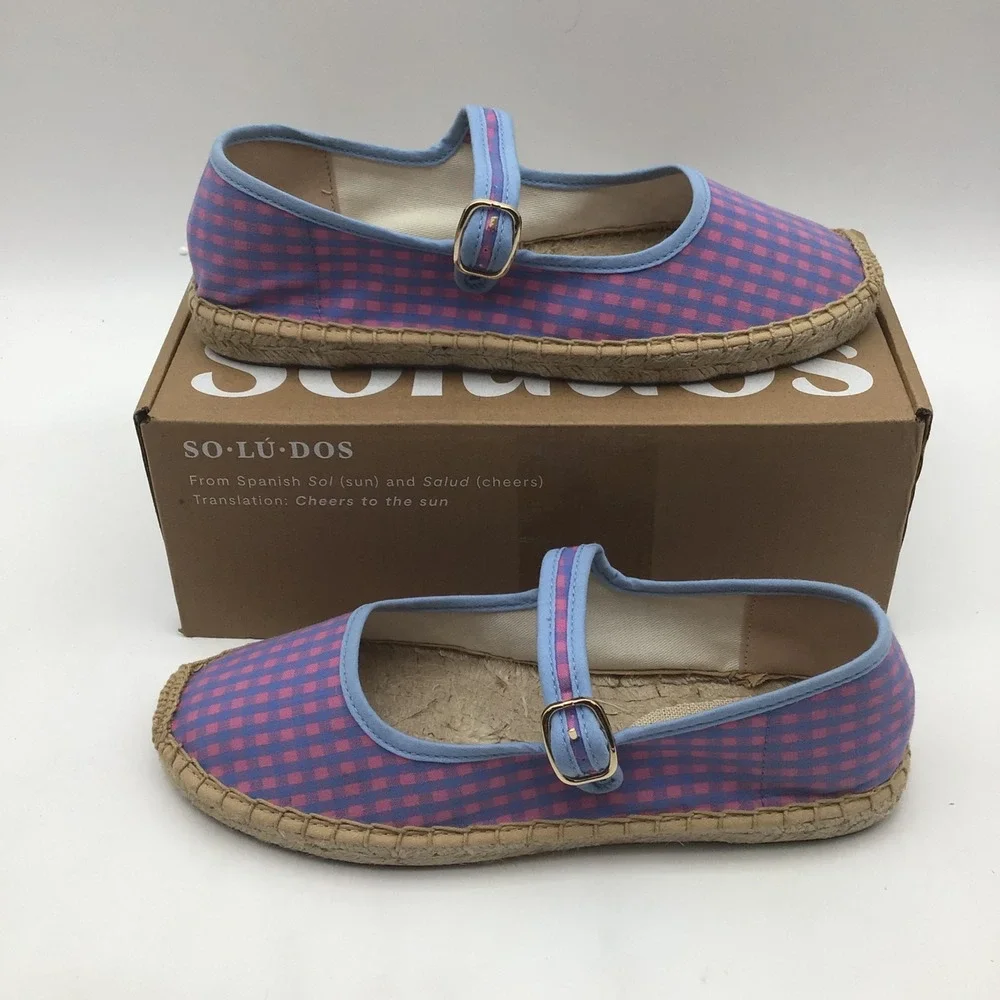 Soludos The Mary Jane Espadrilles Blue Pink Gingham Checkered Size 7 - 7.5 NEW
